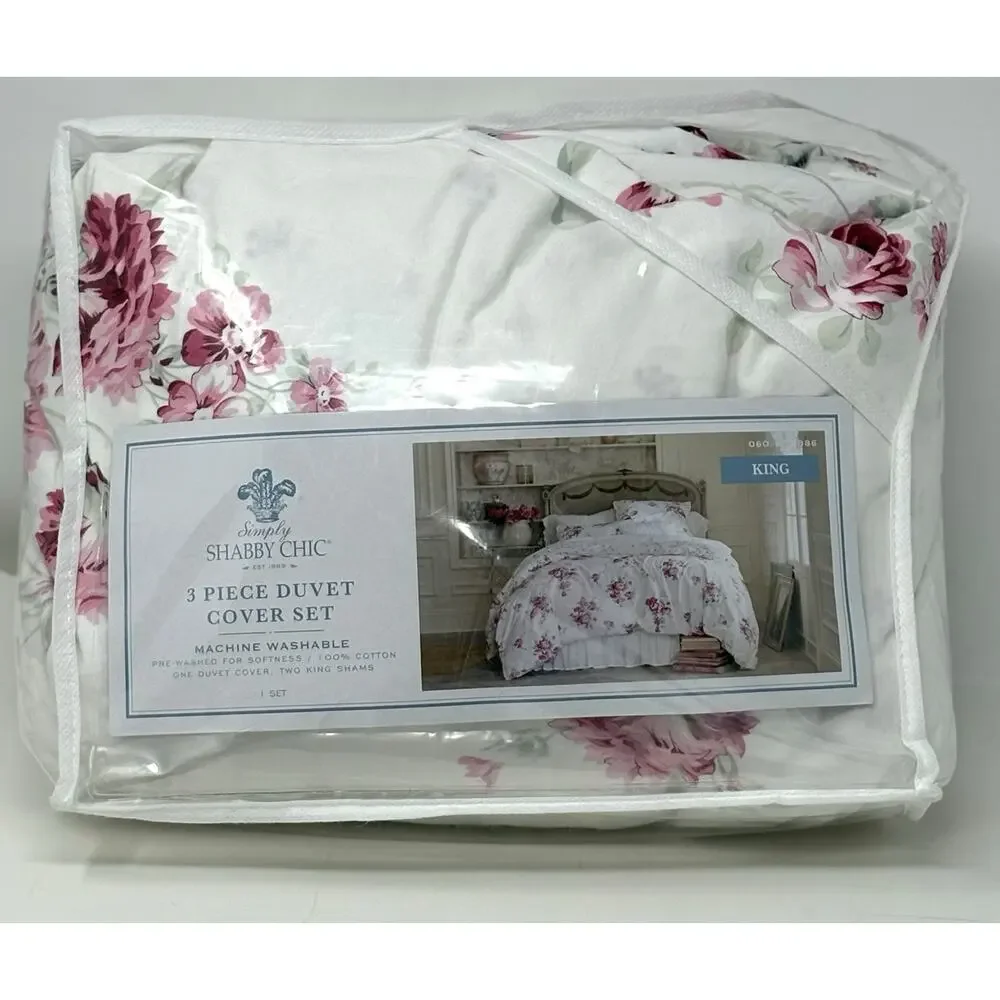 Simply Shabby Chic King Sunbleached 100% Cotton White Pink Floral Duvet Set 2014